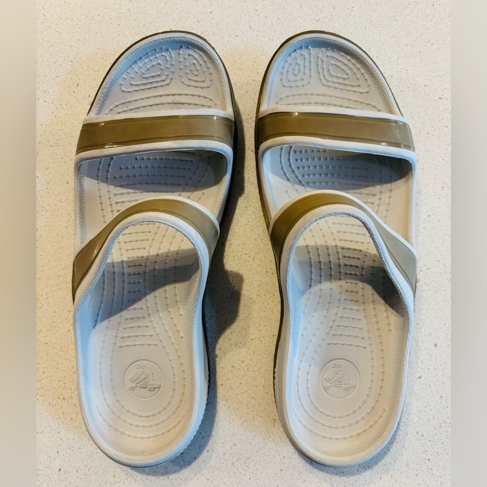 Crocs Beige and White Slide Sandals Size 8